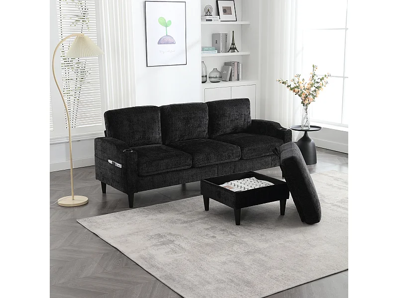 Zwarte 4-zits rechte bank met opbergruimte voetenbank, zijvakken en bekerhouder 196,5 x 75 x 77 cm