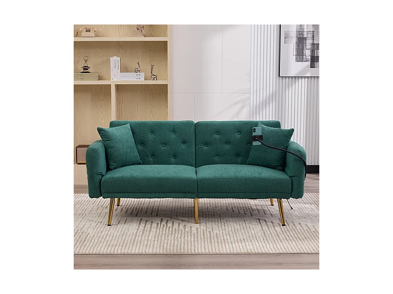 Sofá convertível verde esmeralda de 2 lugares com 2 portas USB, suporte para telemóvel e bolsos laterais 173x78x78cm