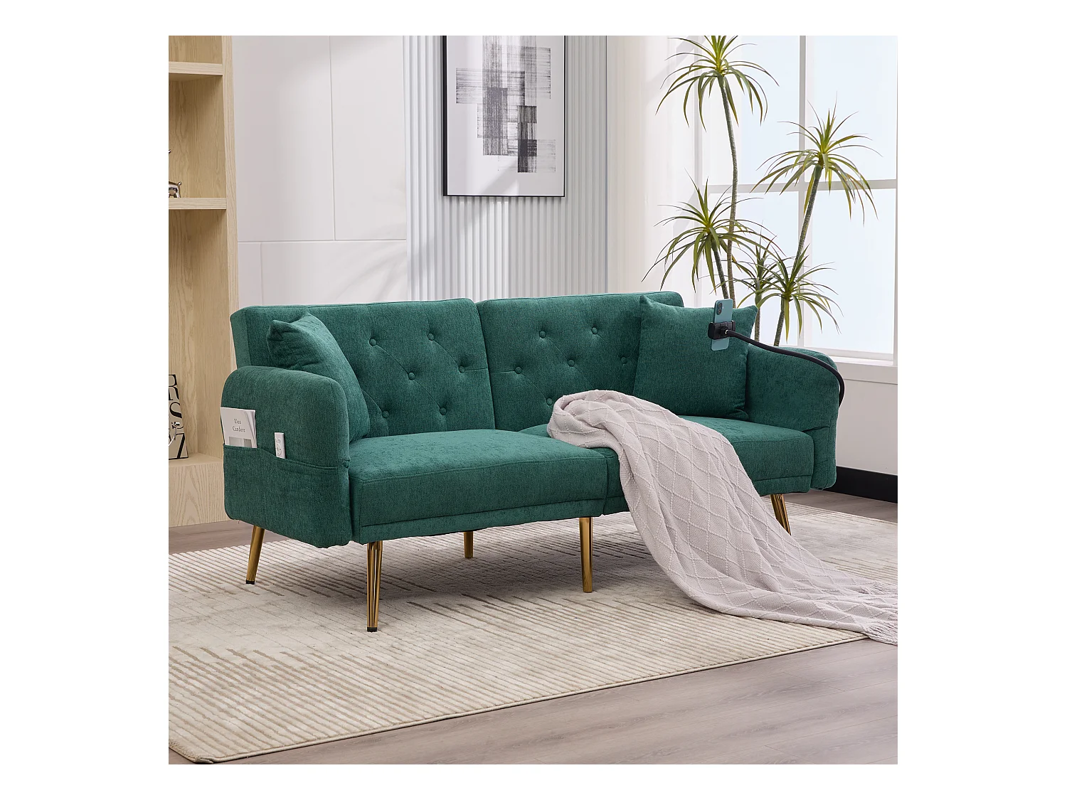 Divano trasformabile verde smeraldo a 2 posti con 2 porte USB, porta telefono e tasche laterali 173x78X78cm