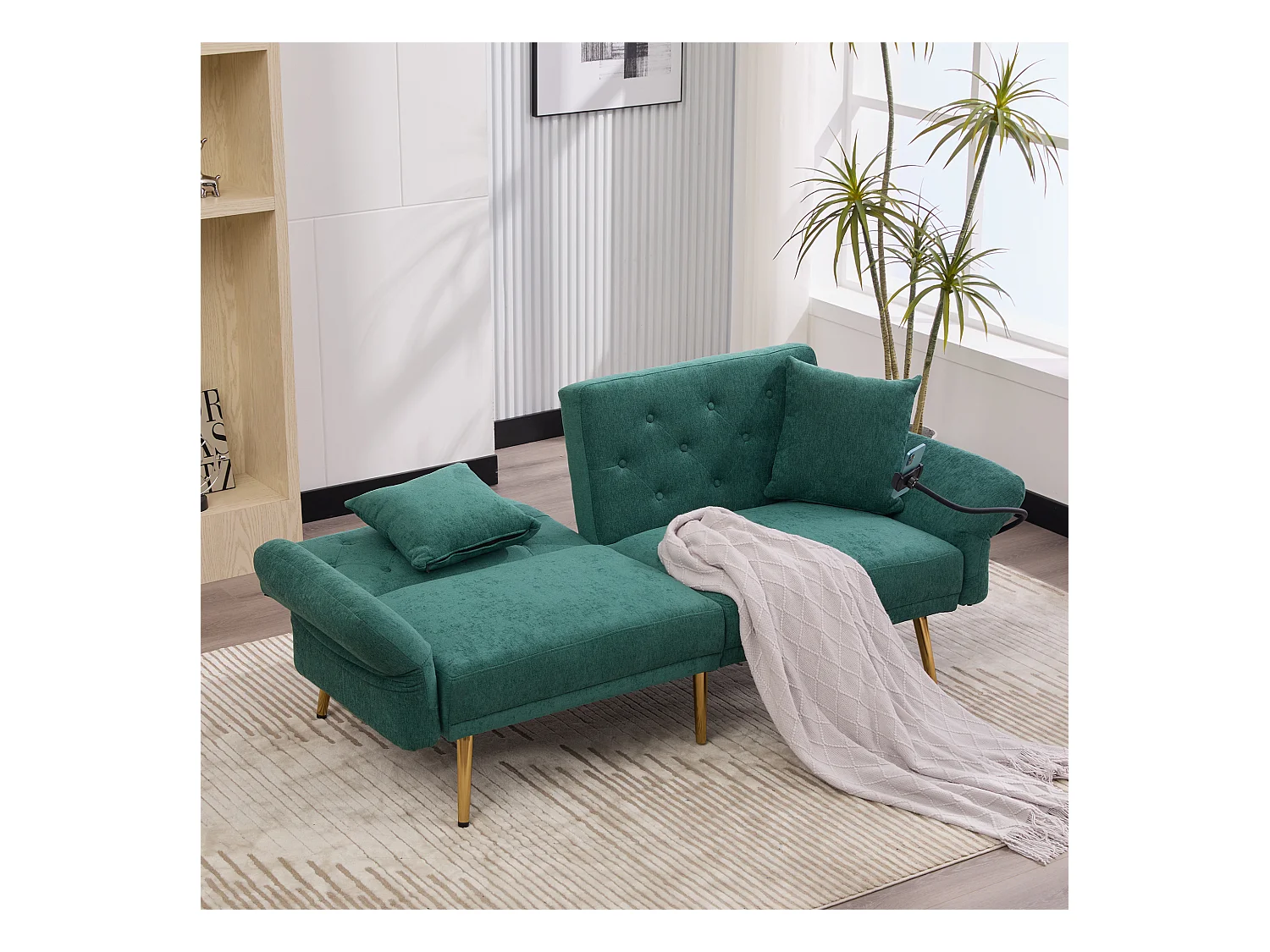 Divano trasformabile verde smeraldo a 2 posti con 2 porte USB, porta telefono e tasche laterali 173x78X78cm