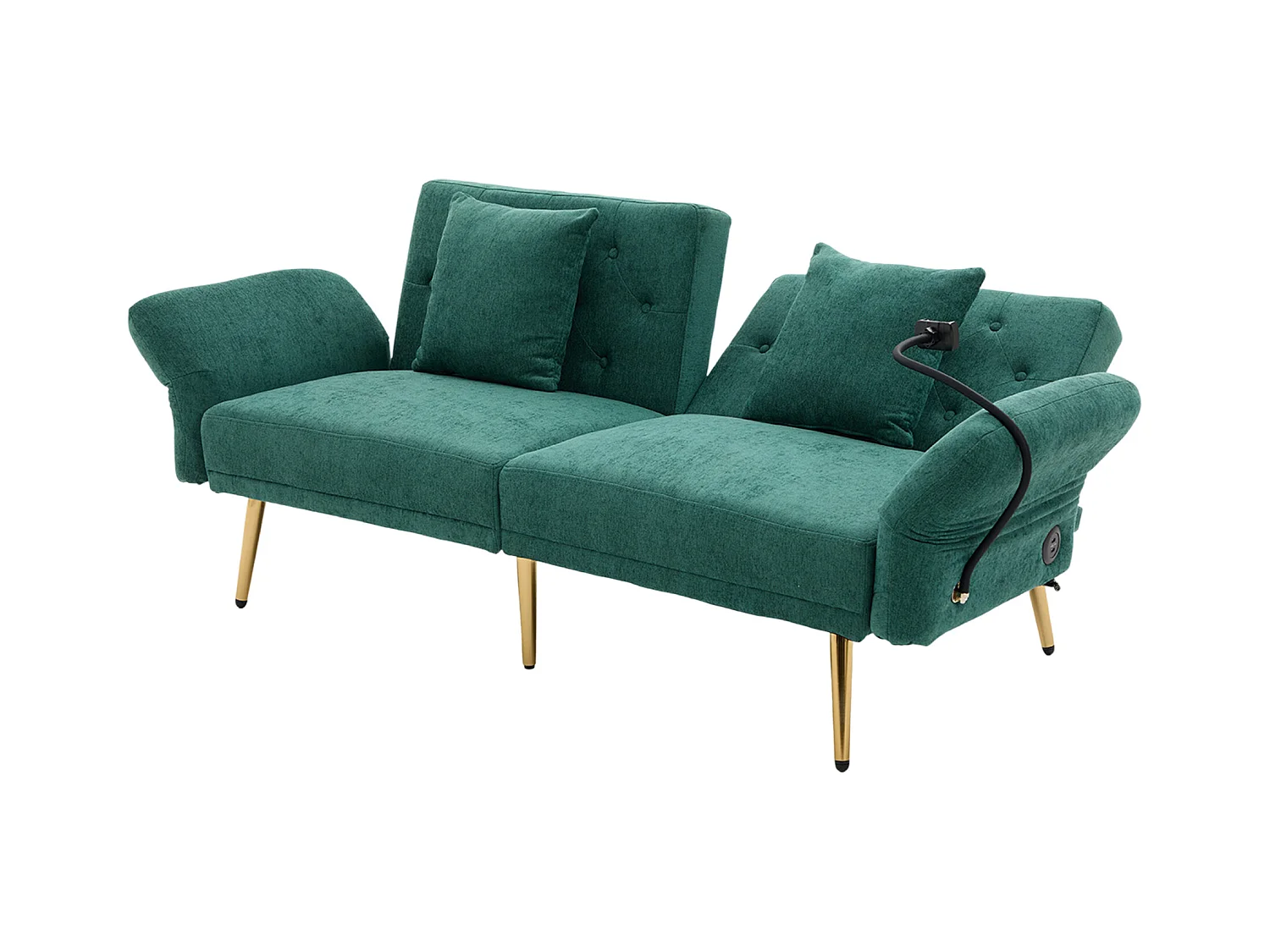 Divano trasformabile verde smeraldo a 2 posti con 2 porte USB, porta telefono e tasche laterali 173x78X78cm