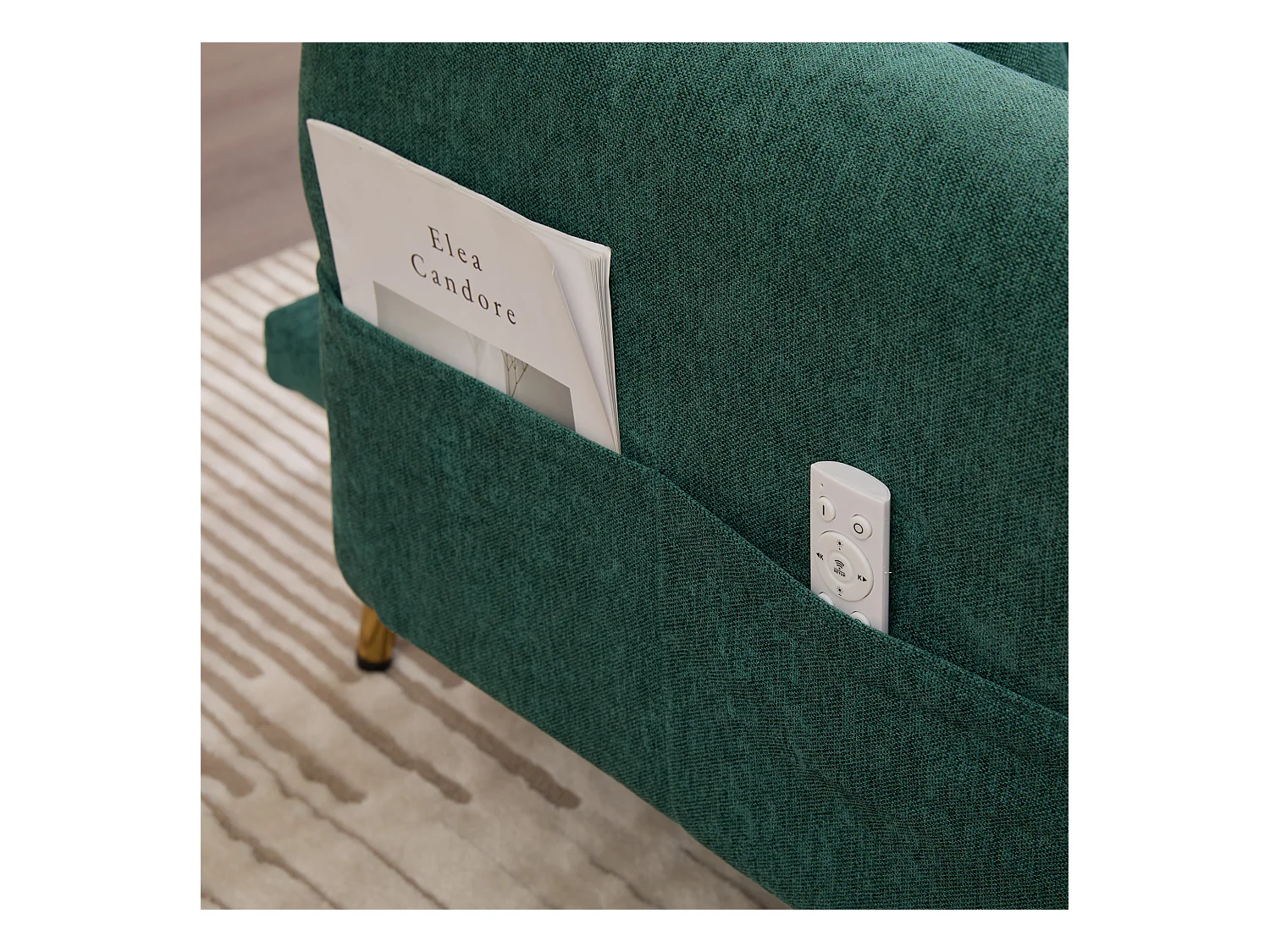 Divano trasformabile verde smeraldo a 2 posti con 2 porte USB, porta telefono e tasche laterali 173x78X78cm