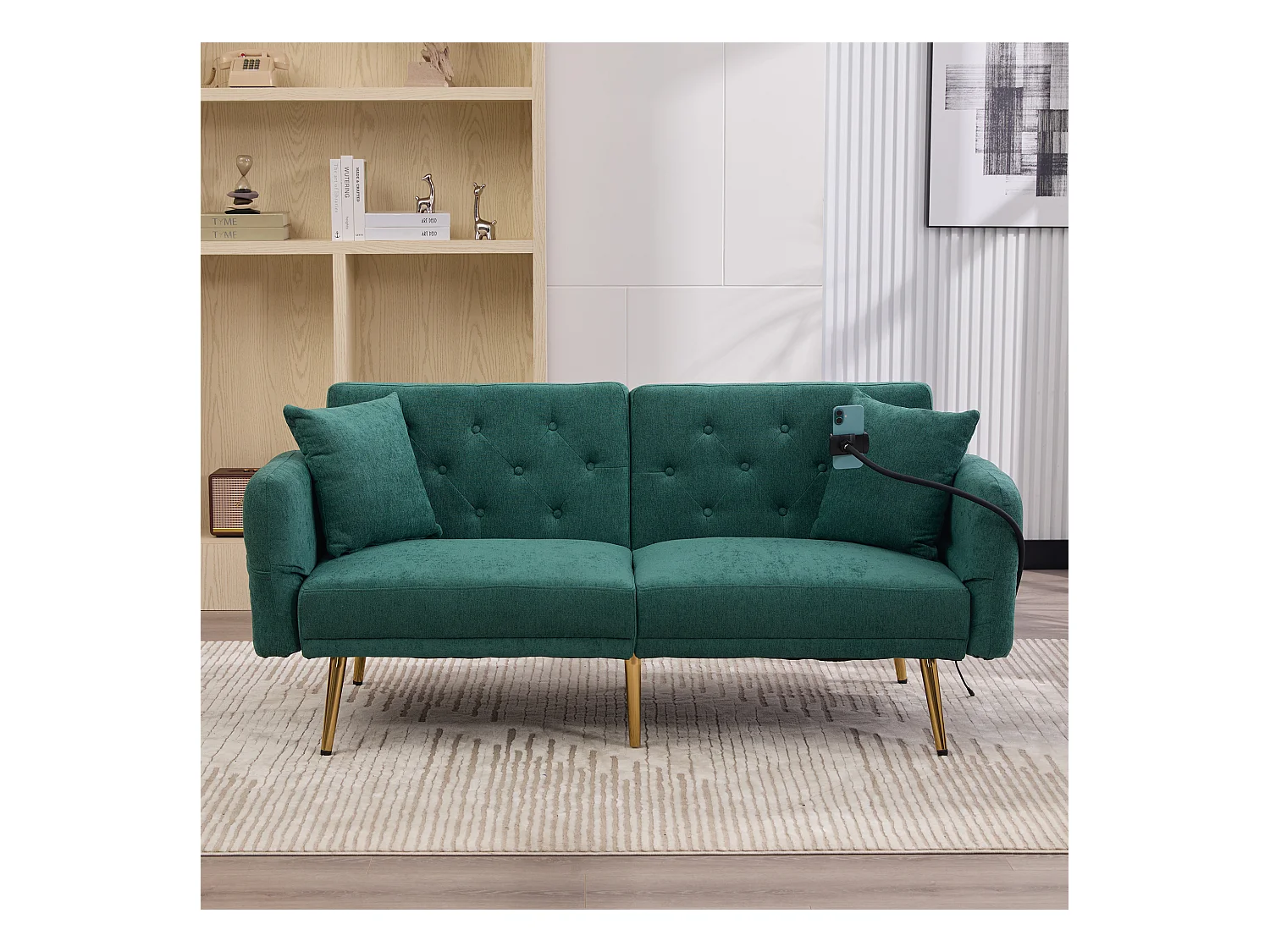Canapé droit 2 places convertible vert émeraude avec 2 ports USB, support de téléphone et poches latérales 173x78X78cm