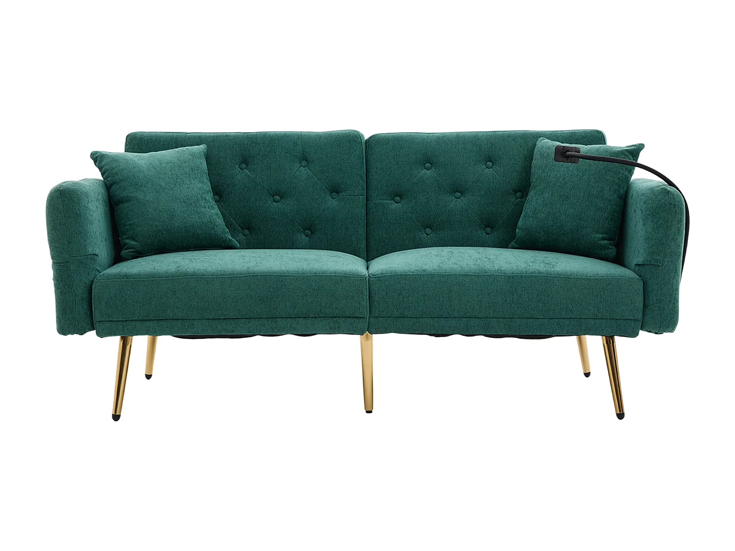 Sofá convertible de 2 plazas verde esmeralda con 2 puertos USB, soporte para teléfono y bolsillos laterales 173x78X78cm