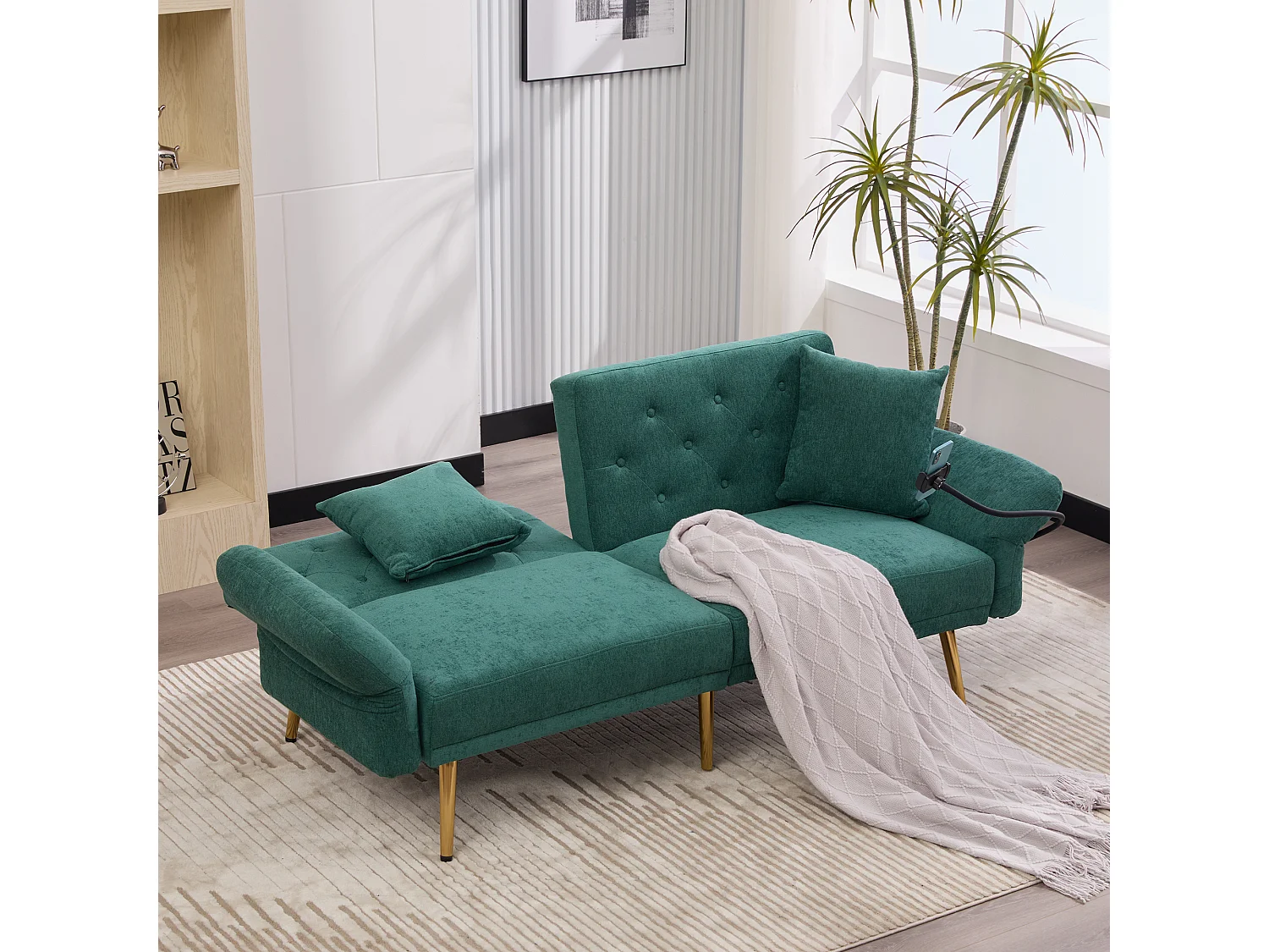 Sofá convertible de 2 plazas verde esmeralda con 2 puertos USB, soporte para teléfono y bolsillos laterales 173x78X78cm