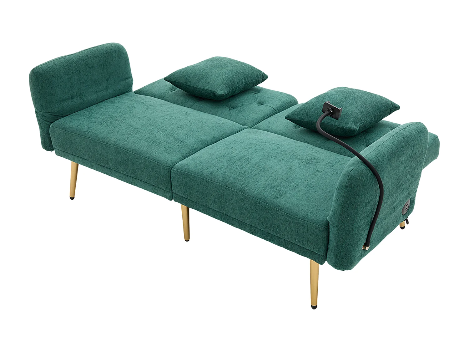 Sofá convertible de 2 plazas verde esmeralda con 2 puertos USB, soporte para teléfono y bolsillos laterales 173x78X78cm