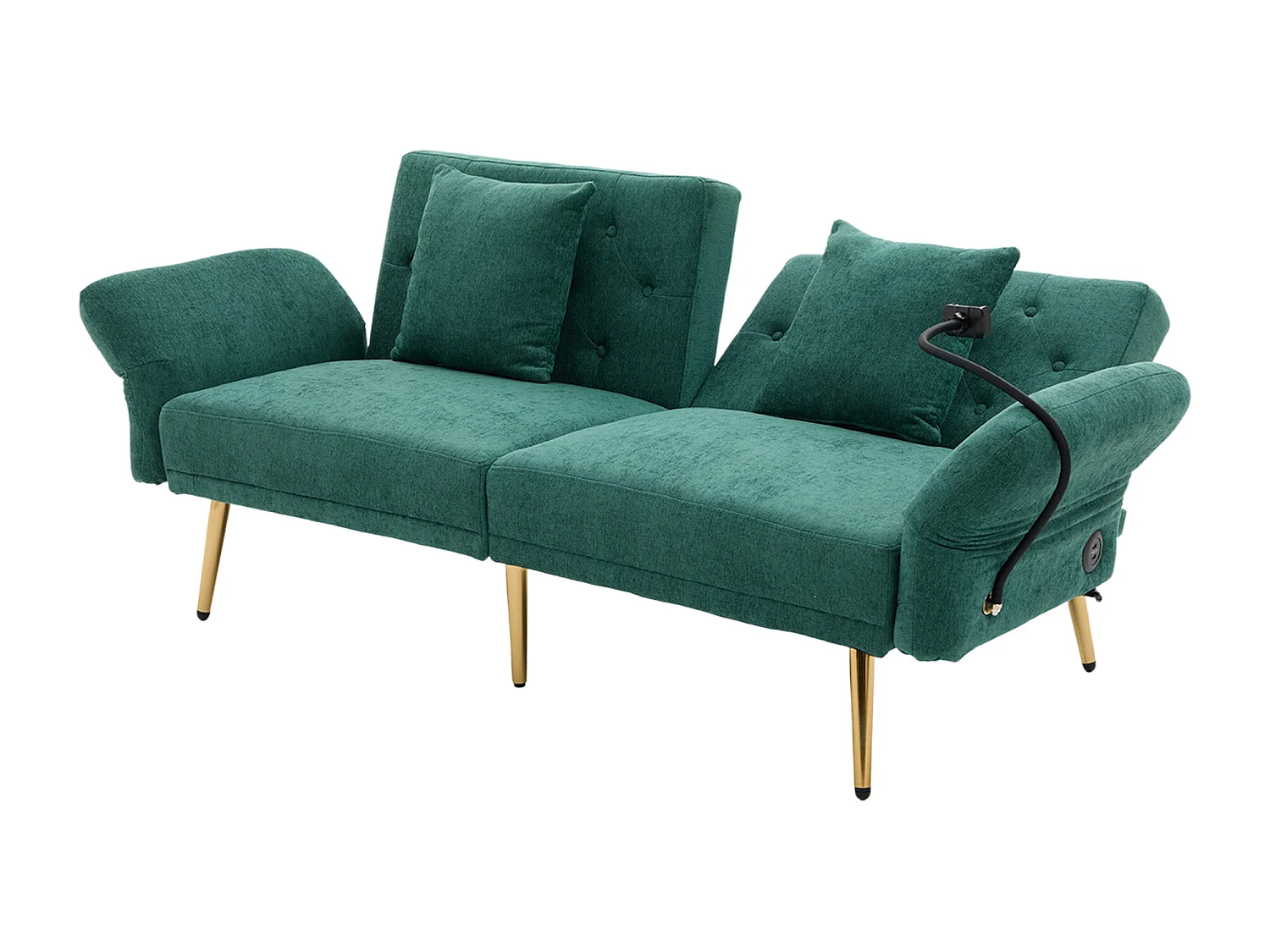 Sofá convertible de 2 plazas verde esmeralda con 2 puertos USB, soporte para teléfono y bolsillos laterales 173x78X78cm