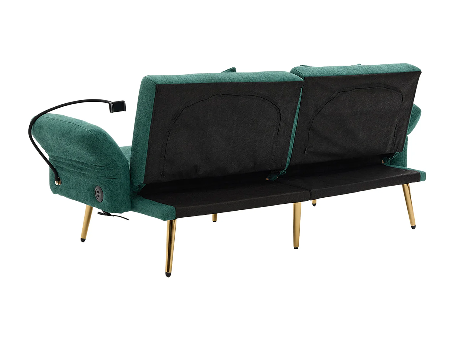 Sofá convertible de 2 plazas verde esmeralda con 2 puertos USB, soporte para teléfono y bolsillos laterales 173x78X78cm