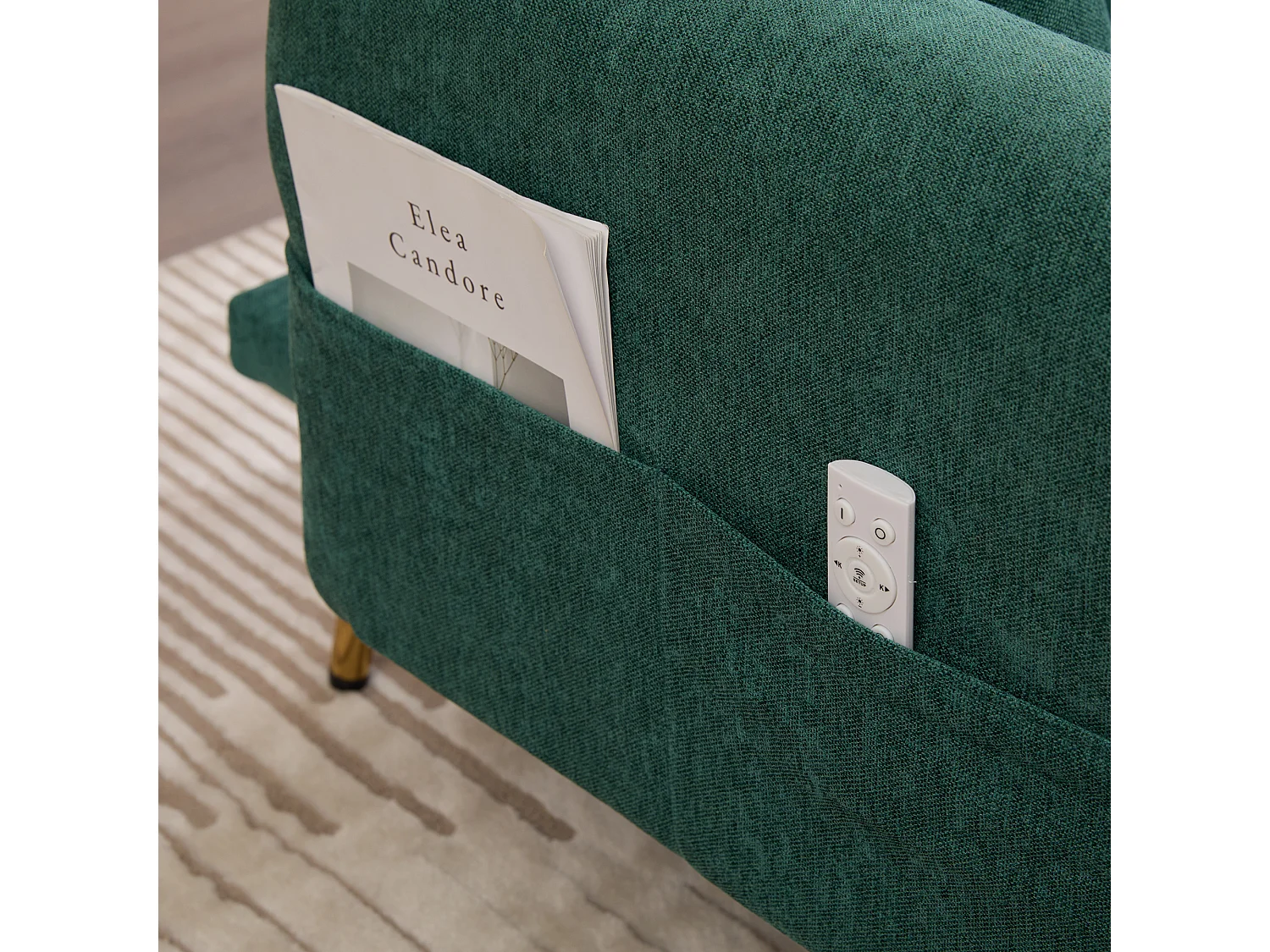 Sofá convertible de 2 plazas verde esmeralda con 2 puertos USB, soporte para teléfono y bolsillos laterales 173x78X78cm