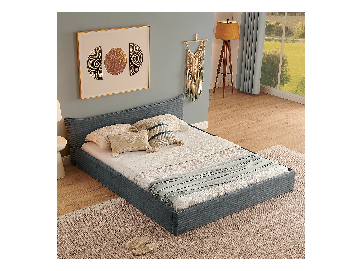 Lit double adulte en chenille gris foncé 140x200cm, structure métal, sommier à lattes,sans matelas