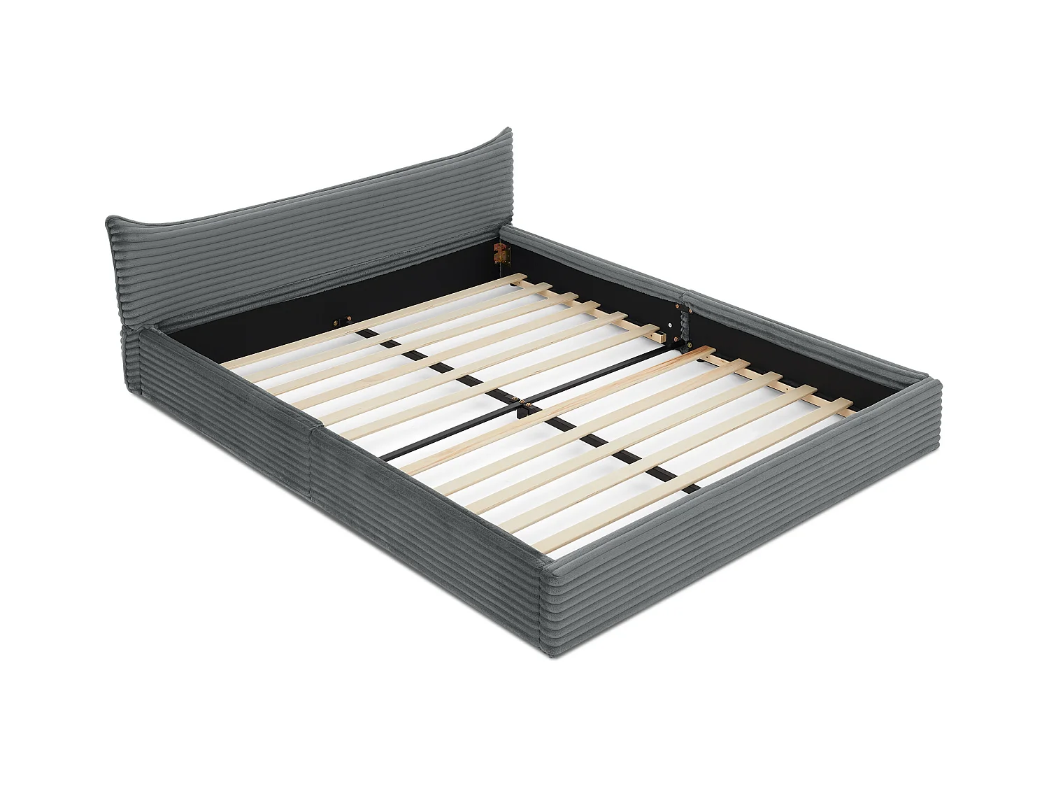 Lit double adulte en chenille gris foncé 140x200cm, structure métal, sommier à lattes,sans matelas