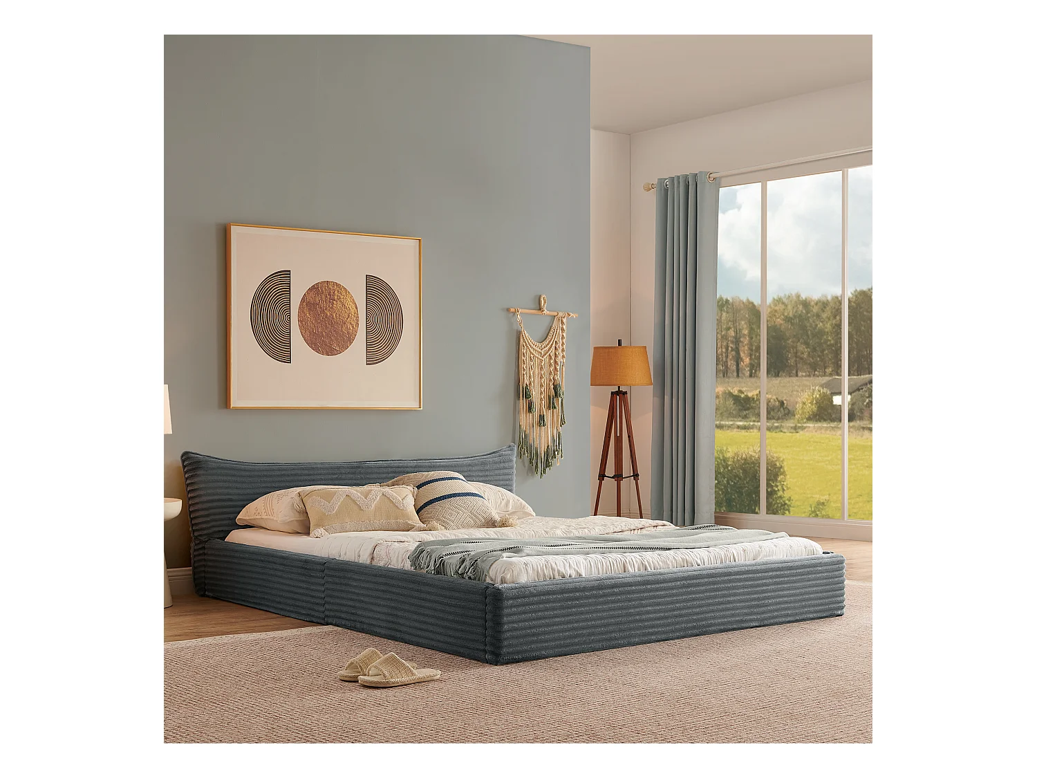 Lit double adulte en chenille gris foncé 140x200cm, structure métal, sommier à lattes,sans matelas