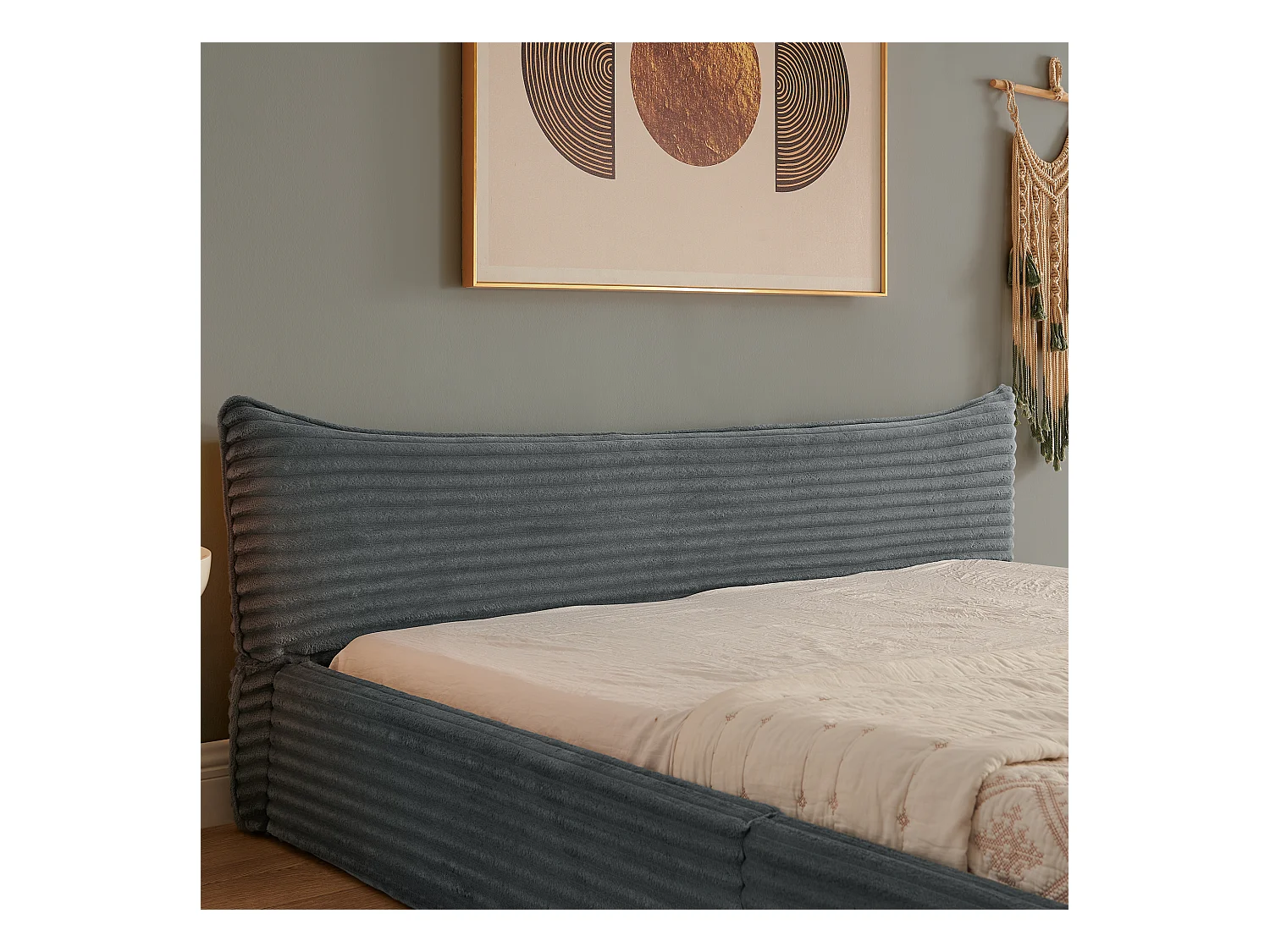 Lit double adulte en chenille gris foncé 140x200cm, structure métal, sommier à lattes,sans matelas