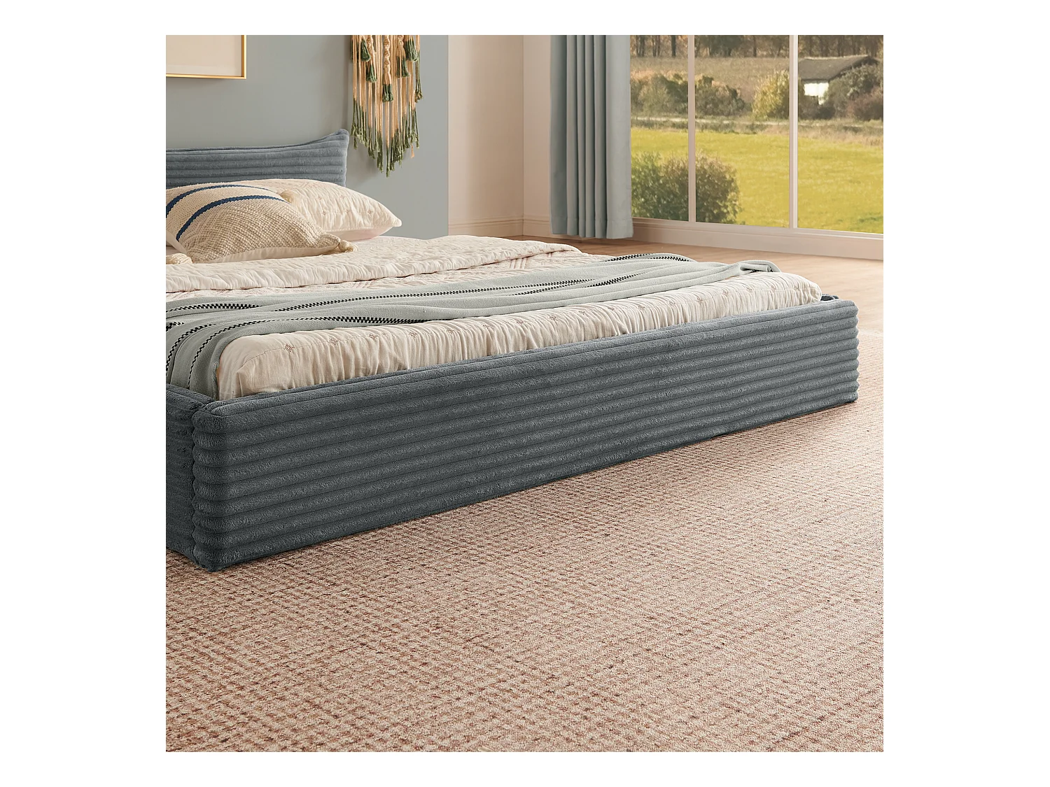 Lit double adulte en chenille gris foncé 140x200cm, structure métal, sommier à lattes,sans matelas