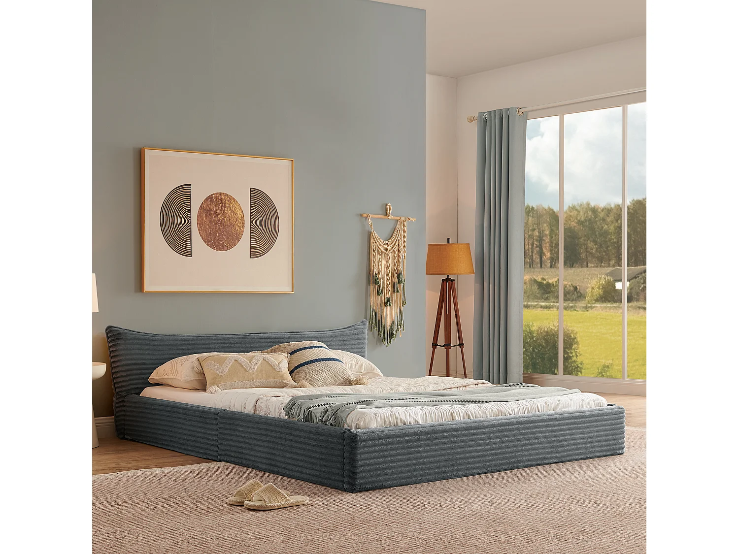 Cama doble para adultos de chenilla gris oscuro 140x200cm, estructura de metal, somier de láminas, sin colchón