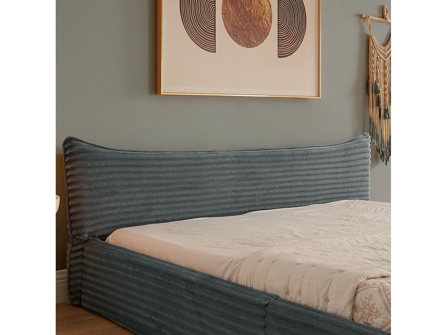 Cama doble para adultos de chenilla gris oscuro 140x200cm, estructura de metal, somier de láminas, sin colchón