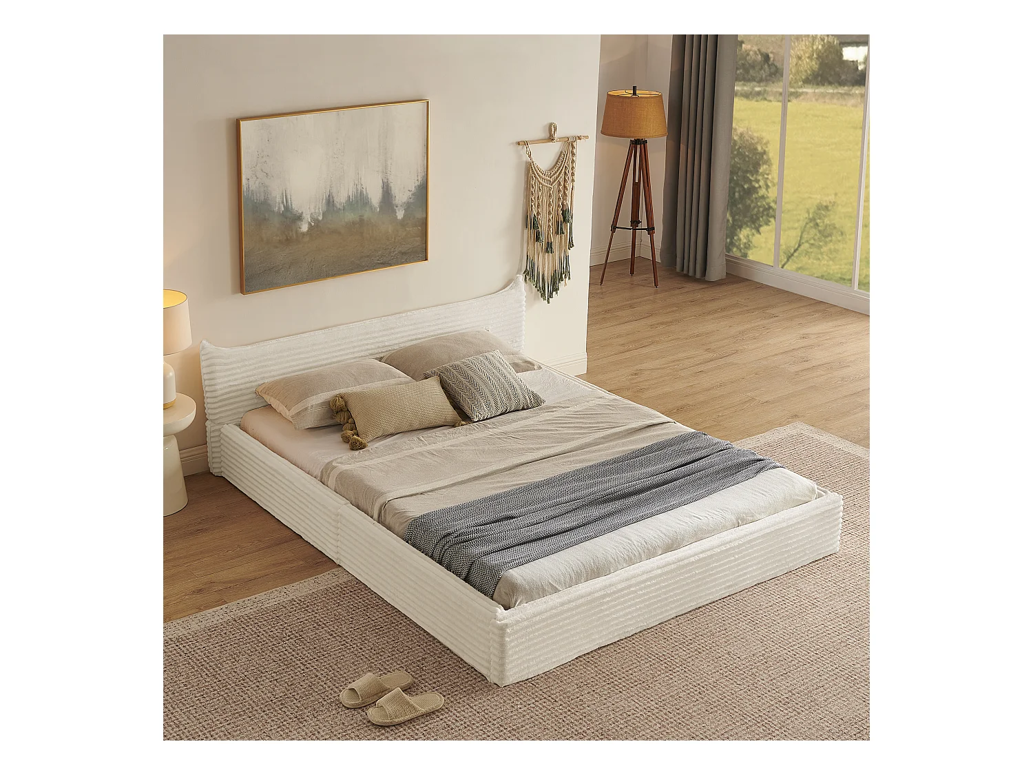 Lit double adulte en chenille beige 160x200cm, structure métal, sommier à lattes,sans matelas