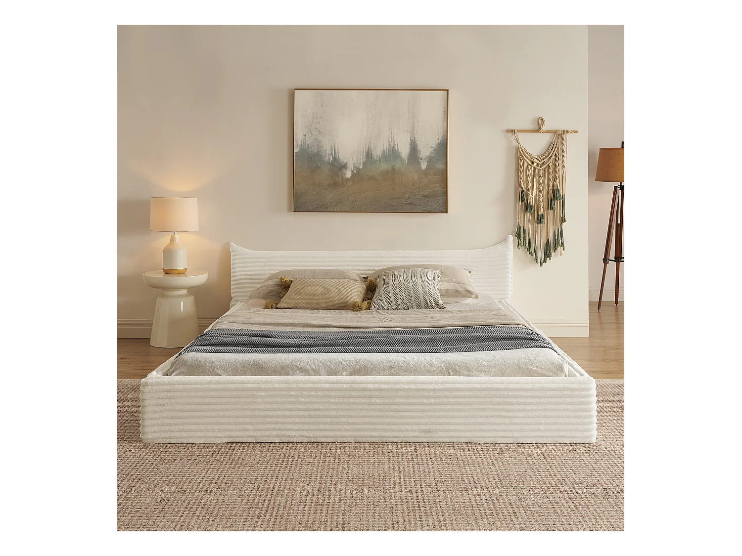 Lit double adulte en chenille beige 160x200cm, structure métal, sommier à lattes,sans matelas