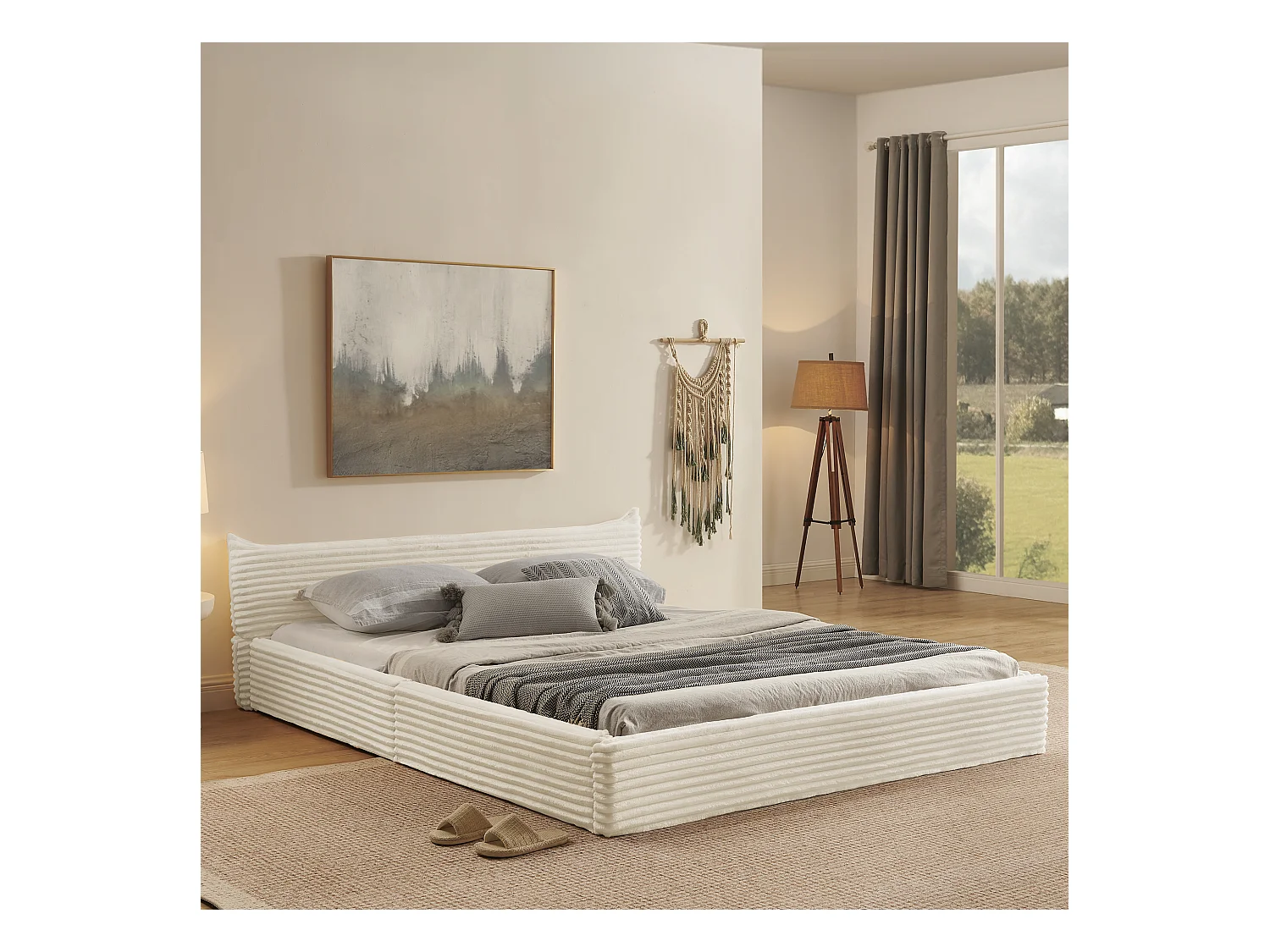 Lit double adulte en chenille beige 160x200cm, structure métal, sommier à lattes,sans matelas