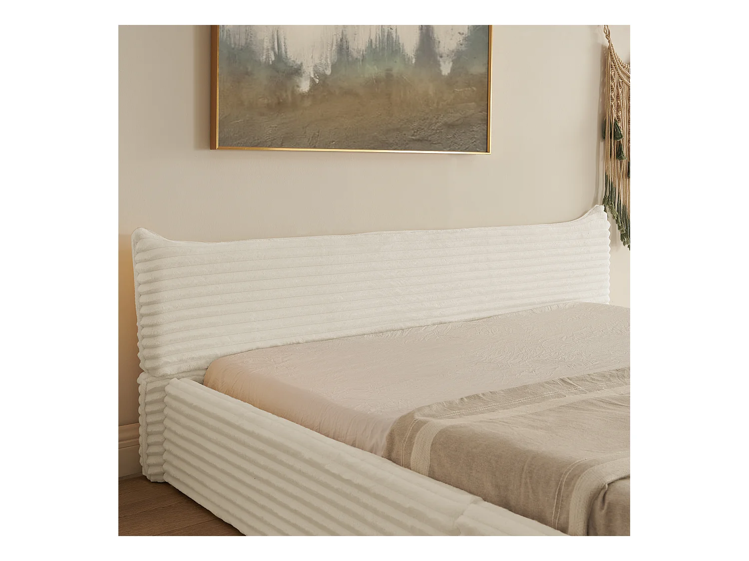 Lit double adulte en chenille beige 160x200cm, structure métal, sommier à lattes,sans matelas