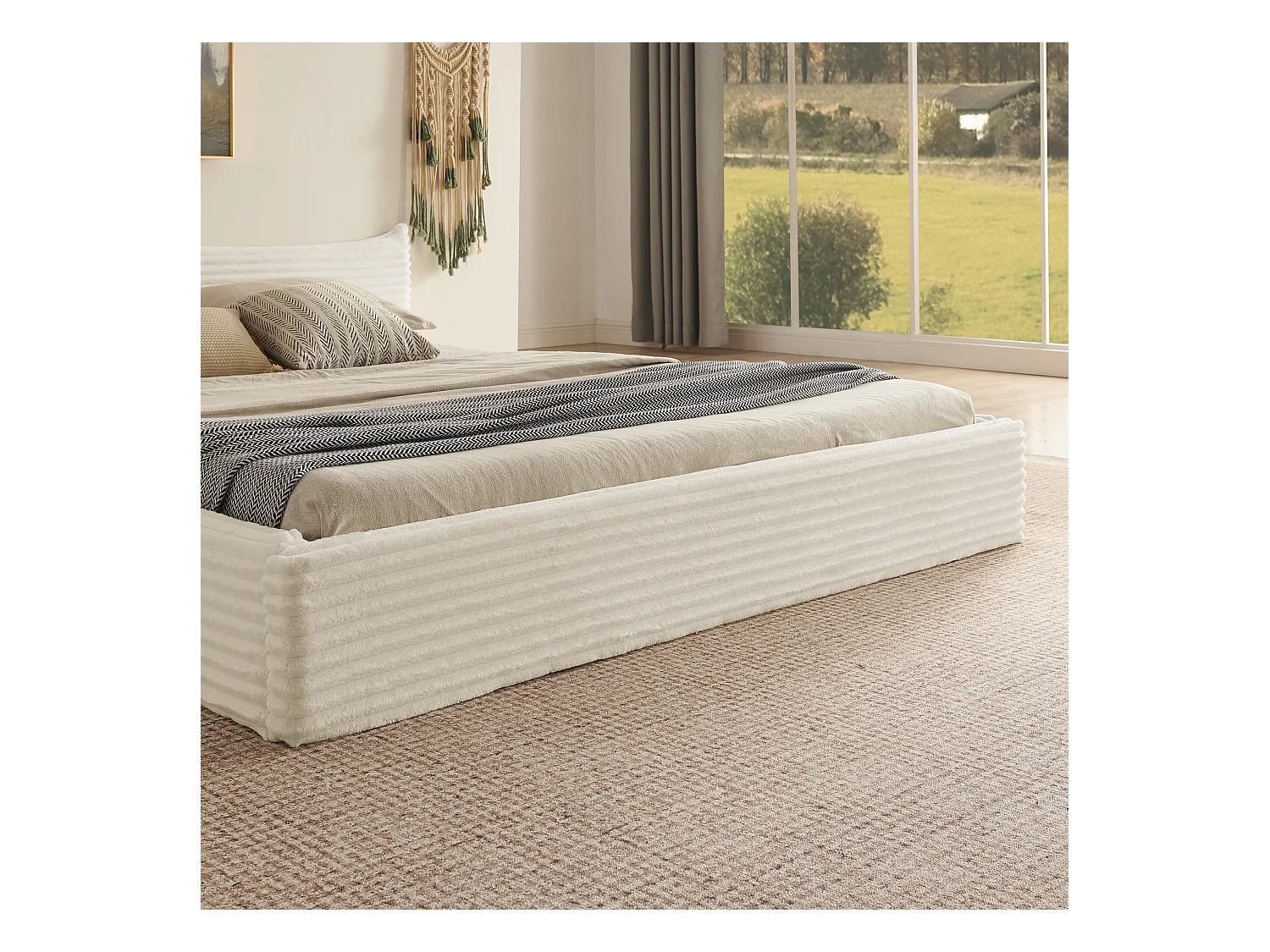 Lit double adulte en chenille beige 160x200cm, structure métal, sommier à lattes,sans matelas