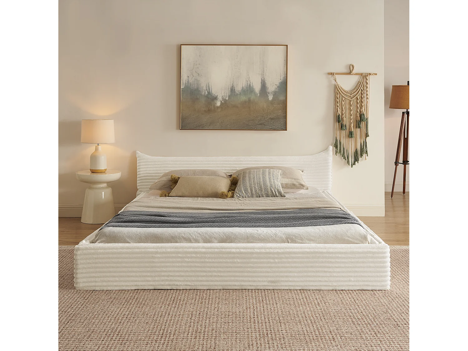 Lit double adulte en chenille beige 160x200cm, structure métal, sommier à lattes,sans matelas