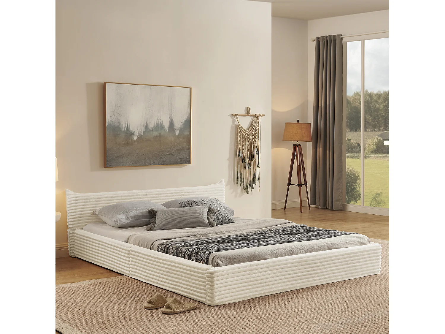 Lit double adulte en chenille beige 160x200cm, structure métal, sommier à lattes,sans matelas