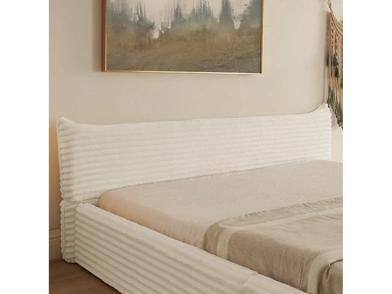 Lit double adulte en chenille beige 160x200cm, structure métal, sommier à lattes,sans matelas