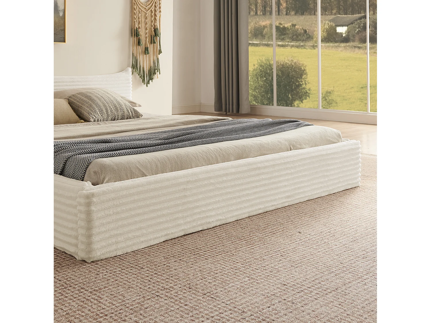 Lit double adulte en chenille beige 160x200cm, structure métal, sommier à lattes,sans matelas