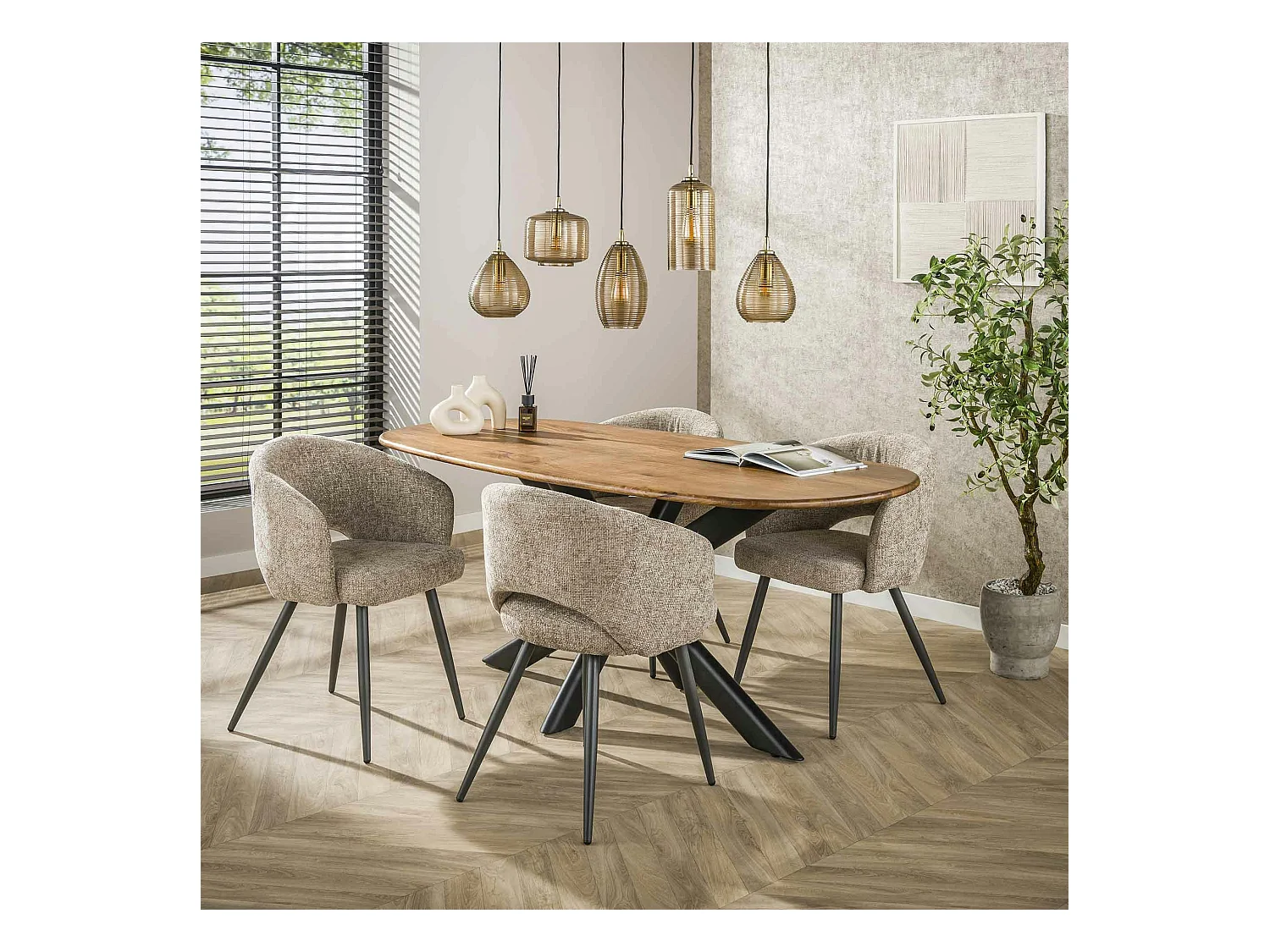 Suspension de table en verre brun 5 lampes striées NOVA