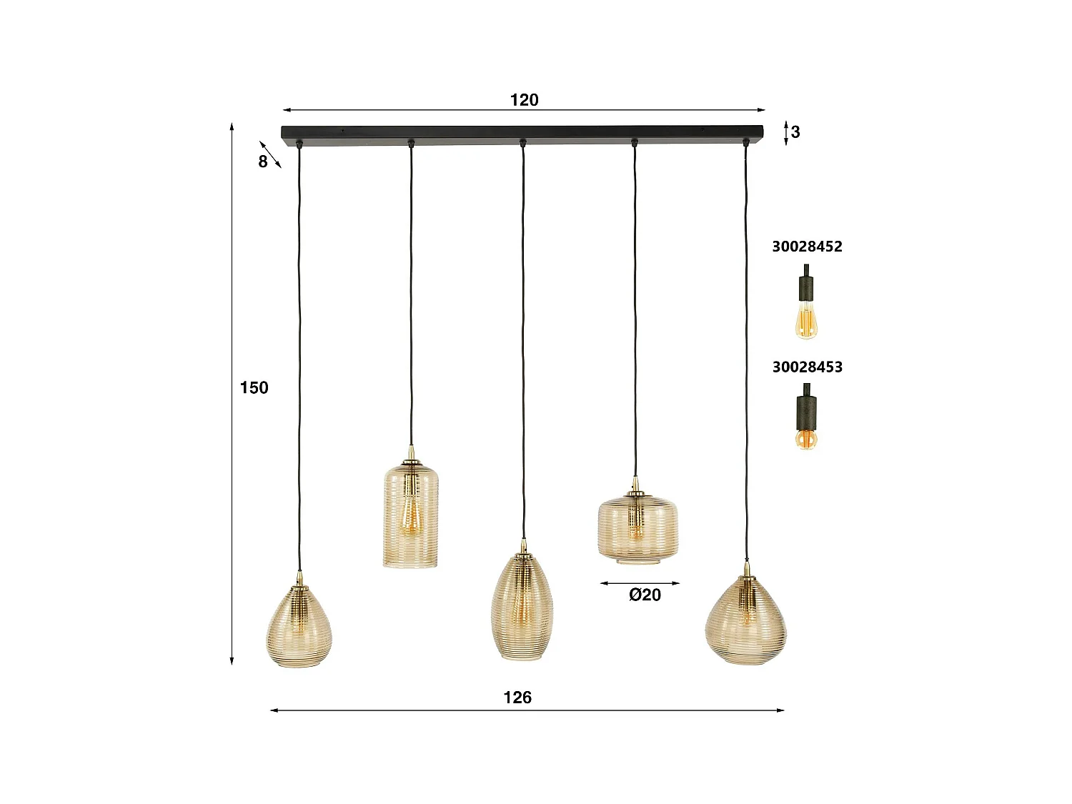 Suspension de table en verre brun 5 lampes striées NOVA