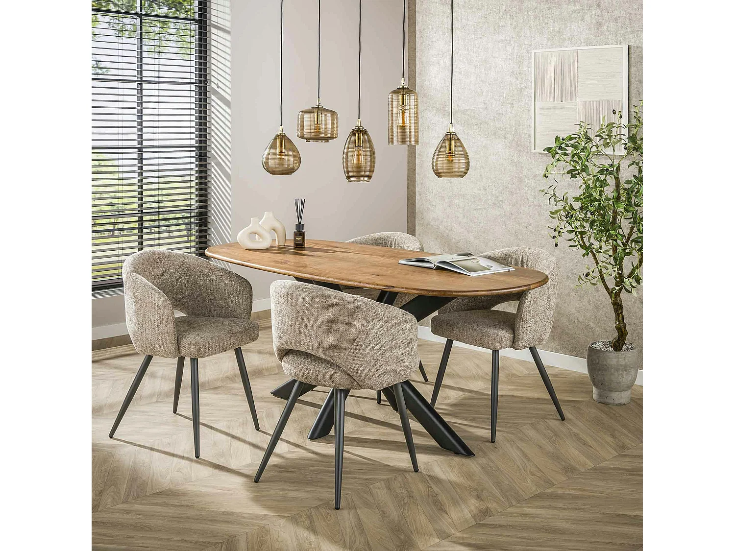 Suspension de table en verre brun 5 lampes striées NOVA