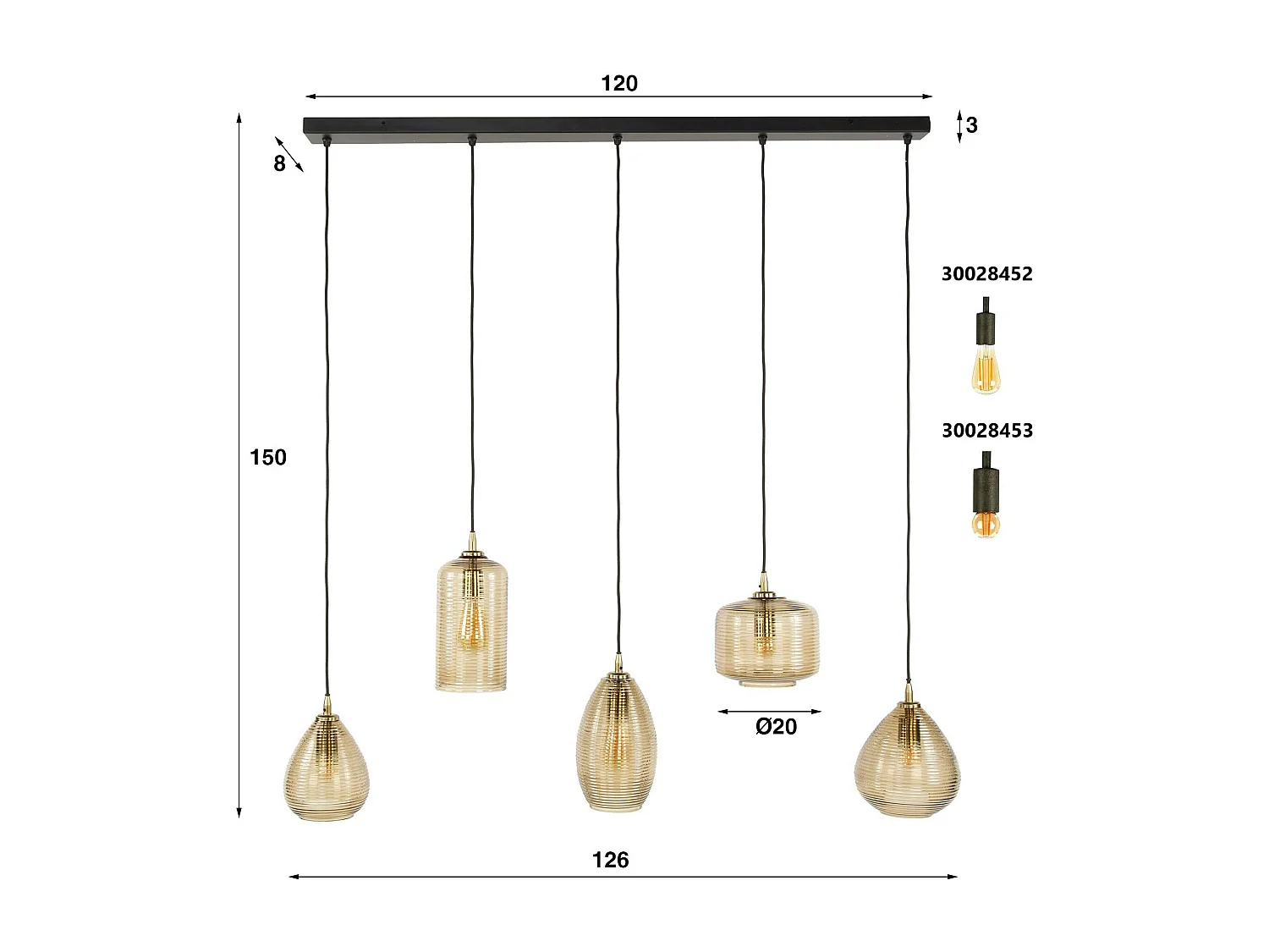 Suspension de table en verre brun 5 lampes striées NOVA