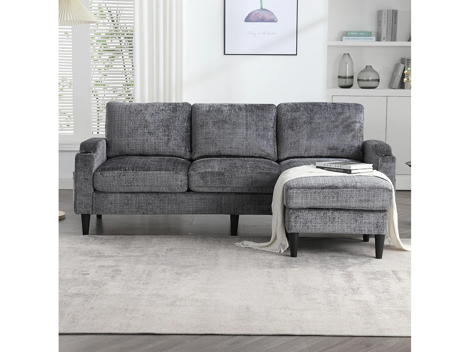 Grijze 4-zits rechte bank met opbergruimte voetenbank, zijvakken en bekerhouder 196,5 x 75 x 77 cm