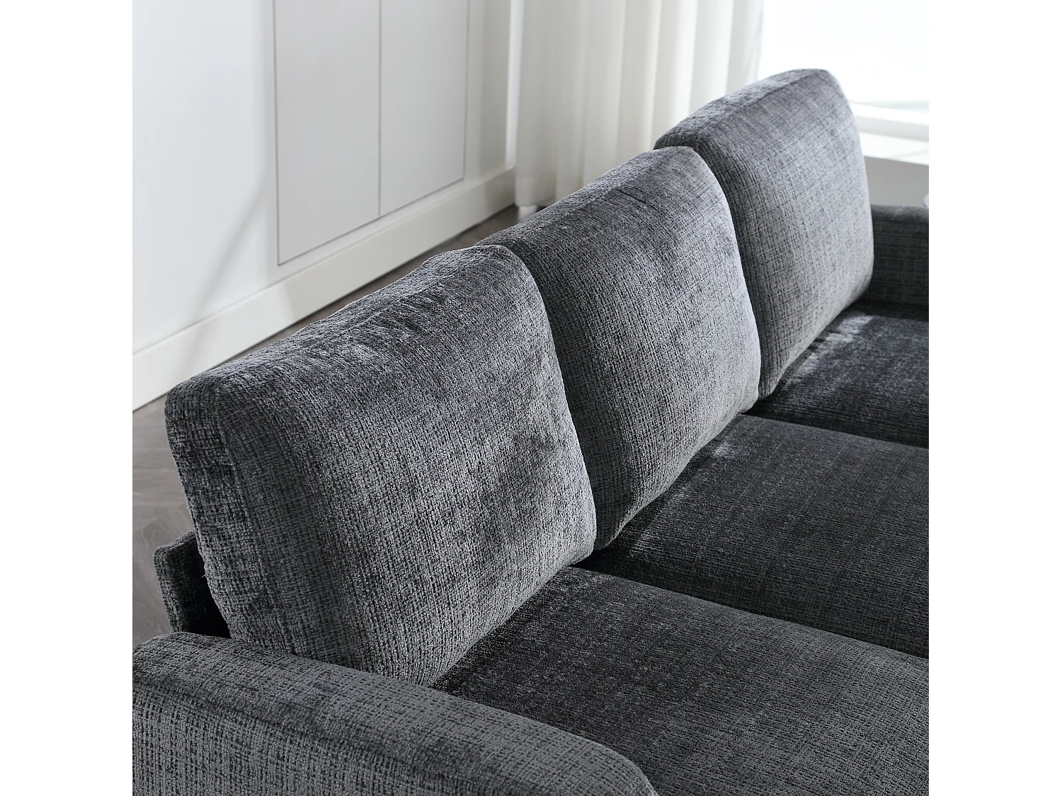 Grijze 4-zits rechte bank met opbergruimte voetenbank, zijvakken en bekerhouder 196,5 x 75 x 77 cm