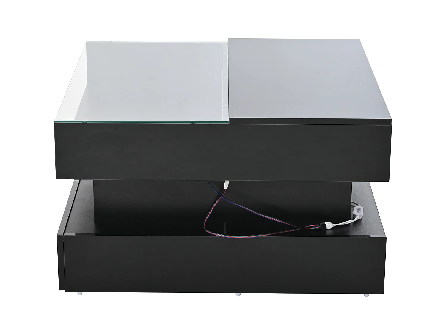 Tavolino da caffè nero sollevabile con 2 cassetti, illuminazione a LED e spazio di archiviazione, piano in vetro semi-temperato