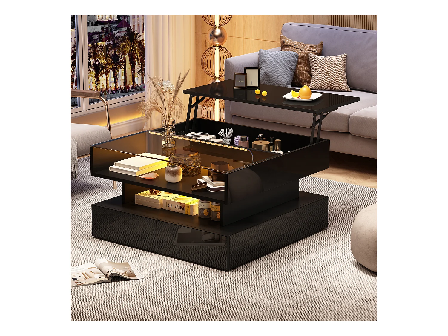 Tavolino da caffè nero sollevabile con 2 cassetti, illuminazione a LED e spazio di archiviazione, piano in vetro semi-temperato