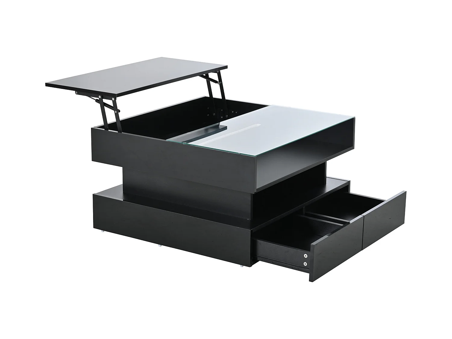 Tavolino da caffè nero sollevabile con 2 cassetti, illuminazione a LED e spazio di archiviazione, piano in vetro semi-temperato