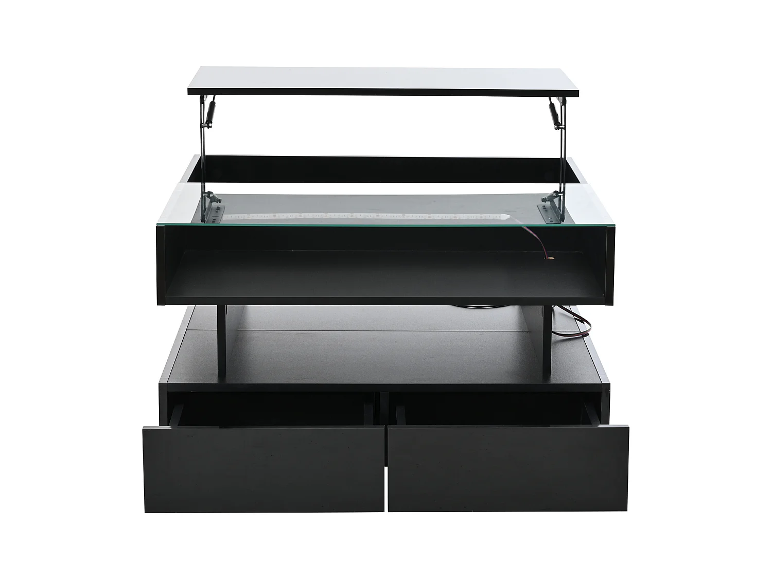 Tavolino da caffè nero sollevabile con 2 cassetti, illuminazione a LED e spazio di archiviazione, piano in vetro semi-temperato