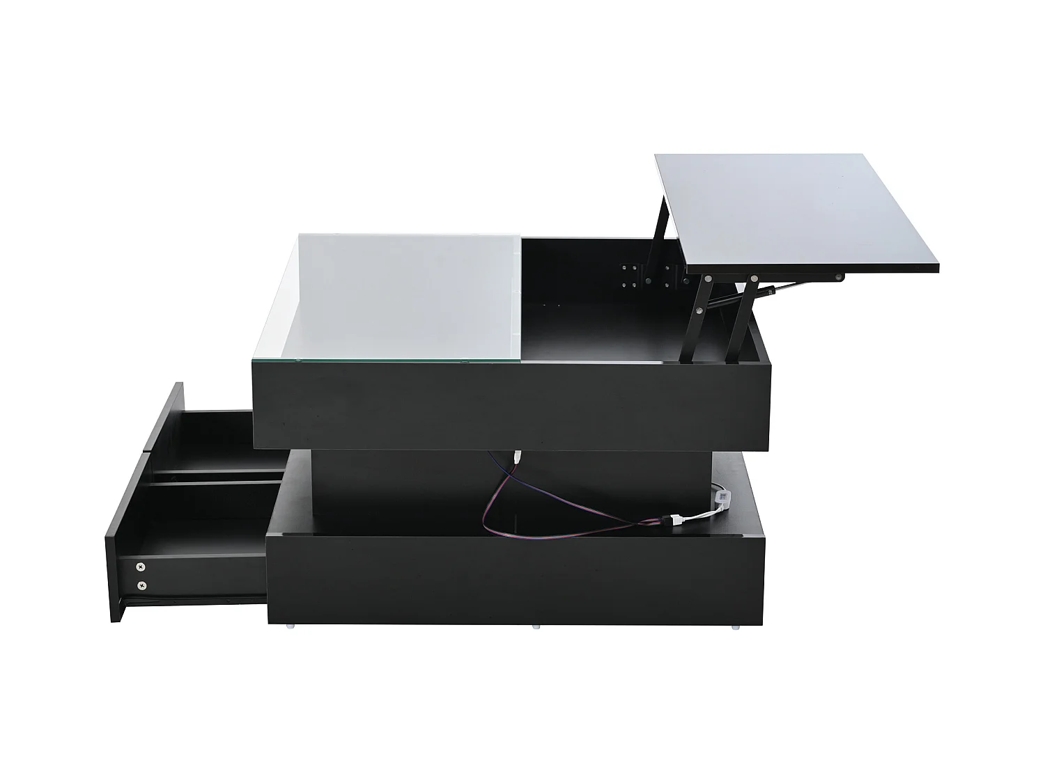 Tavolino da caffè nero sollevabile con 2 cassetti, illuminazione a LED e spazio di archiviazione, piano in vetro semi-temperato