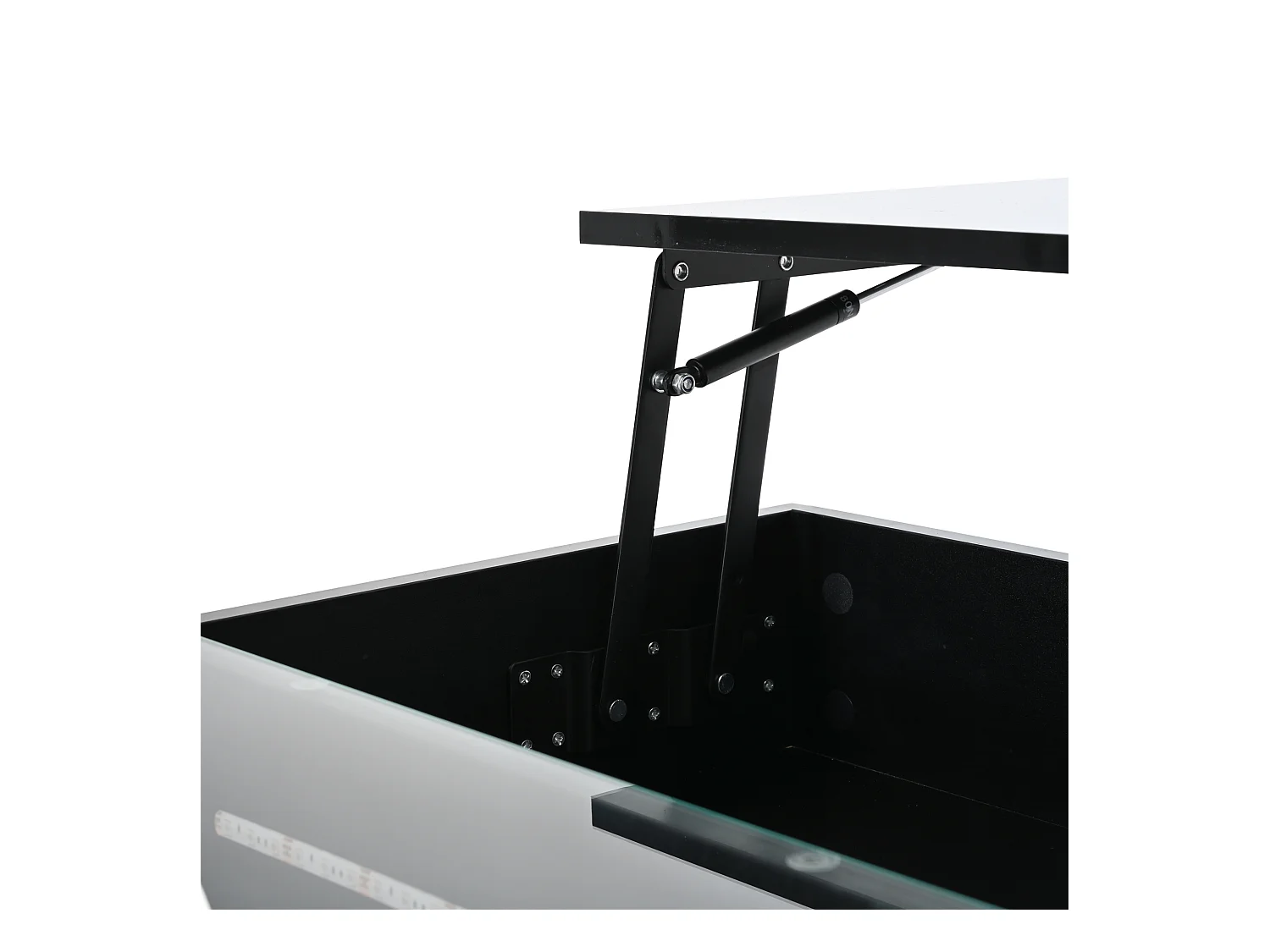 Tavolino da caffè nero sollevabile con 2 cassetti, illuminazione a LED e spazio di archiviazione, piano in vetro semi-temperato