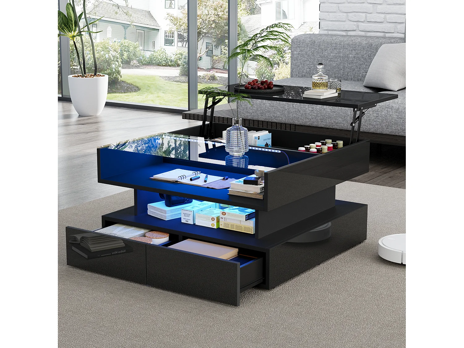 Table basse relevable noire avec 2 tiroirs, éclairage LED et rangement, plateau en verre semi-trempé