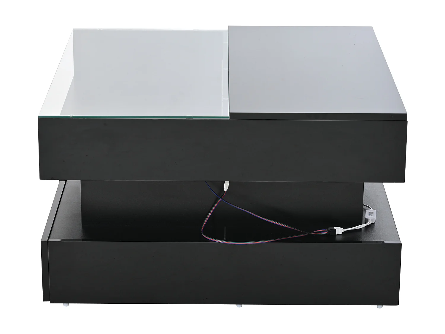 Table basse relevable noire avec 2 tiroirs, éclairage LED et rangement, plateau en verre semi-trempé