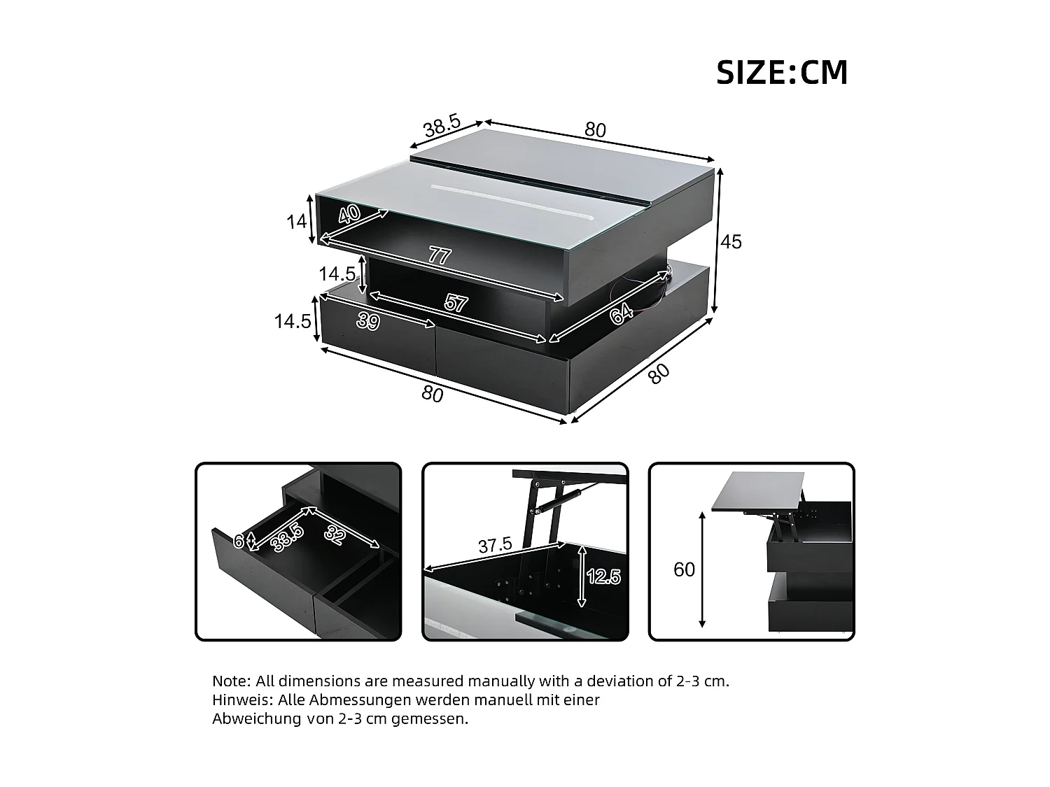 Table basse relevable noire avec 2 tiroirs, éclairage LED et rangement, plateau en verre semi-trempé
