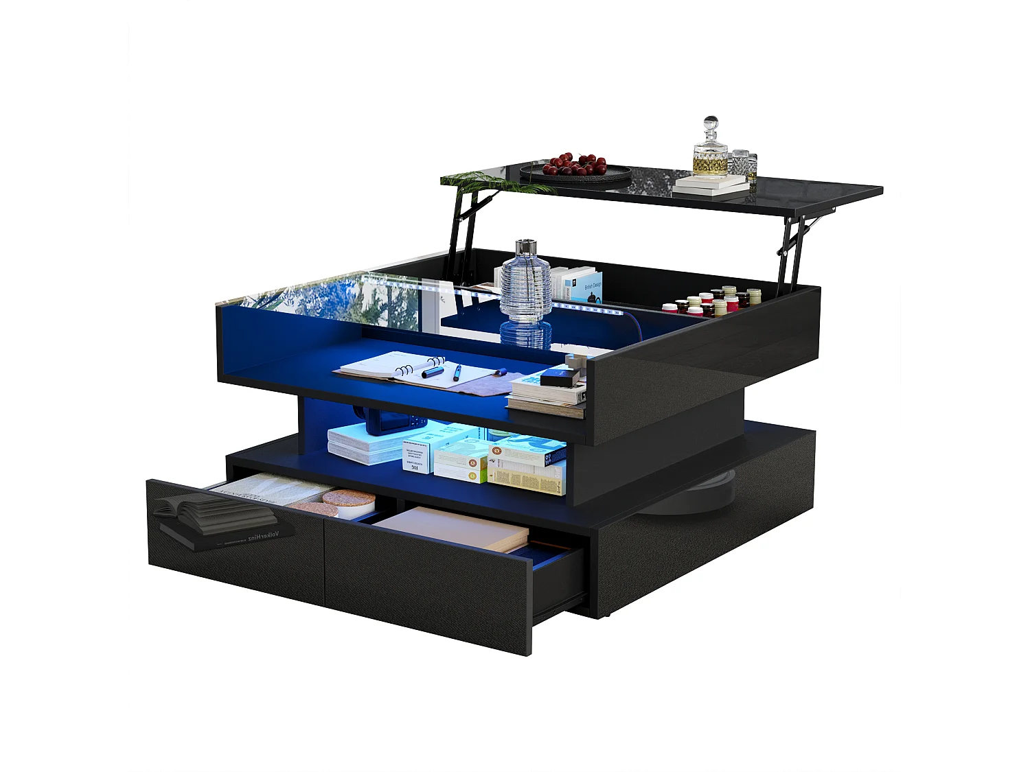 Table basse relevable noire avec 2 tiroirs, éclairage LED et rangement, plateau en verre semi-trempé