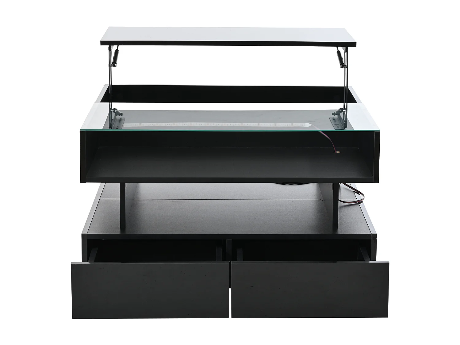 Table basse relevable noire avec 2 tiroirs, éclairage LED et rangement, plateau en verre semi-trempé