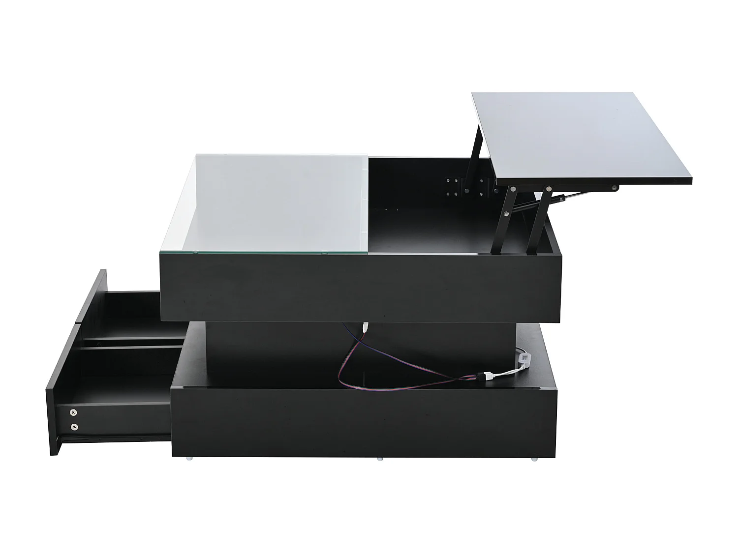 Table basse relevable noire avec 2 tiroirs, éclairage LED et rangement, plateau en verre semi-trempé