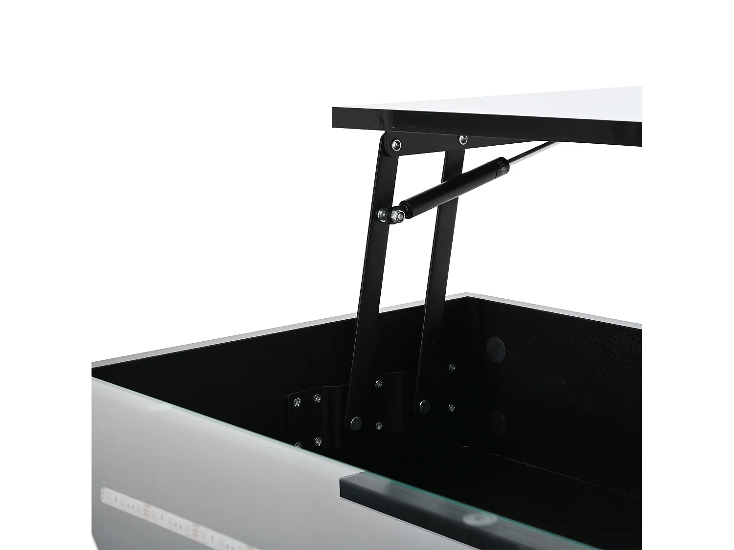 Table basse relevable noire avec 2 tiroirs, éclairage LED et rangement, plateau en verre semi-trempé