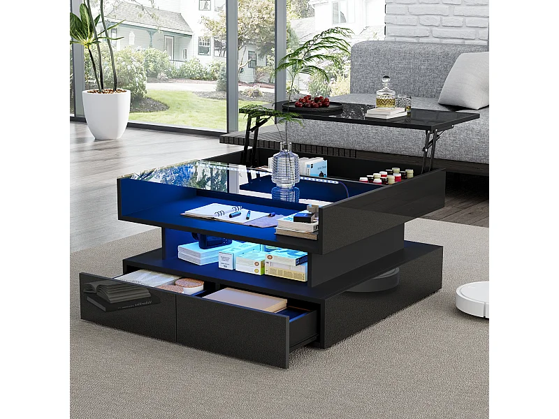 Table basse relevable noire avec 2 tiroirs, éclairage LED et rangement, plateau en verre semi-trempé