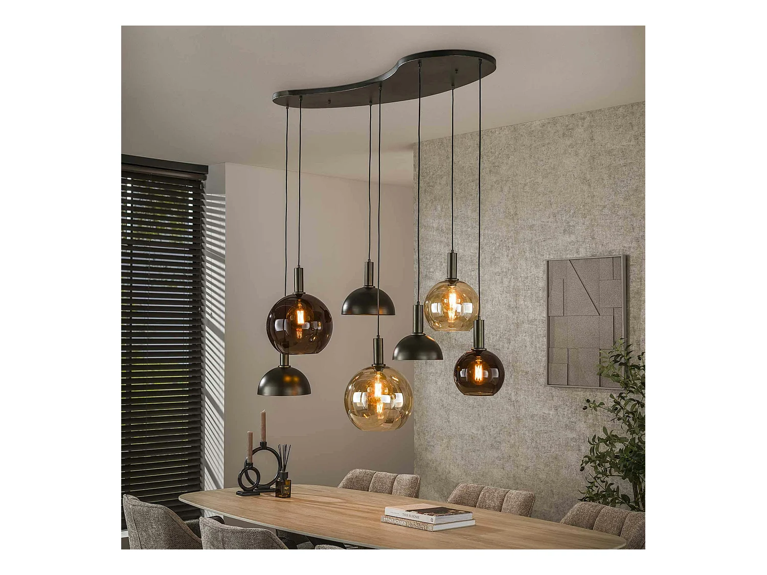 Suspension industrielle abat-jour verre et métal 7 lampes NOVA